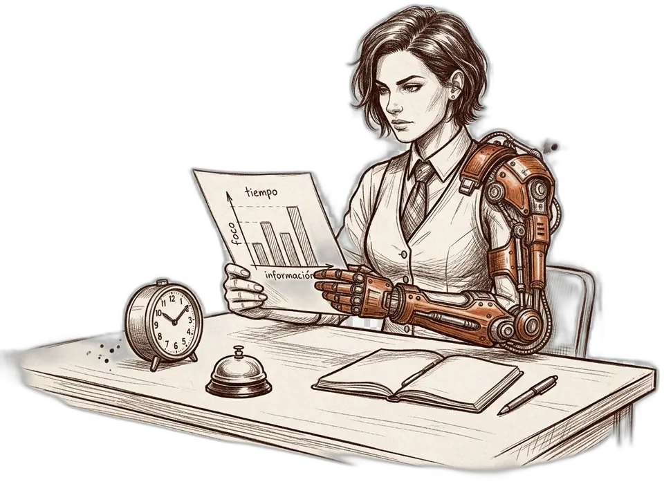 Ilustración a lápiz: la profesional con exoesqueleto terracota revisa en su escritorio un informe con tiempo, información y foco